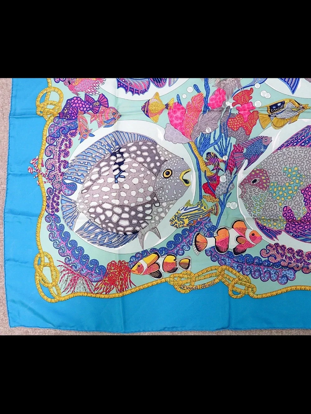 Hermes Turquoise Blue Marine Life Silk Scarf with Multicolor Fish